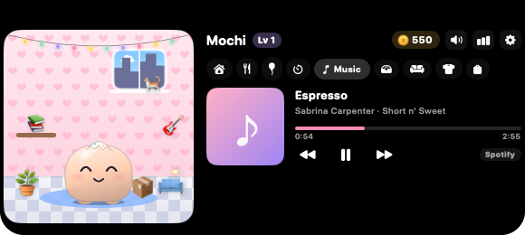 The Music tab: album cover, song title, progress bar and play controls