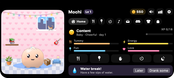 The Home tab with a water break reminder and Later and Drank some buttons