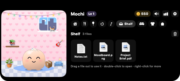 The Shelf tab holding three files