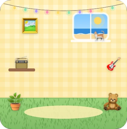 A room with lemon gingham wallpaper, grass floor and a beach view