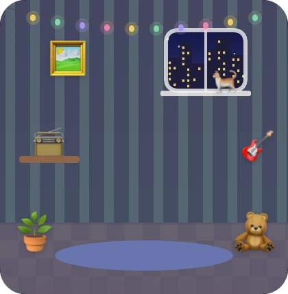 A striped mint room at night with city lights outside