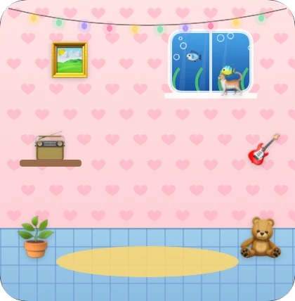 A room with pink heart wallpaper and an underwater window view